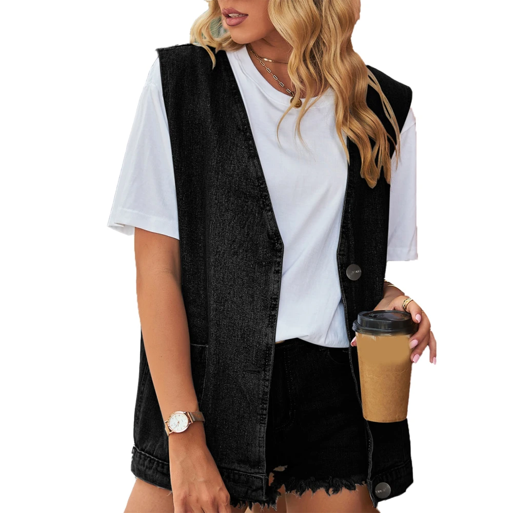 Sleeveless Vest Large Pockets Button Front Jacket Sleeveless Vest for Women Lady Dating Black L