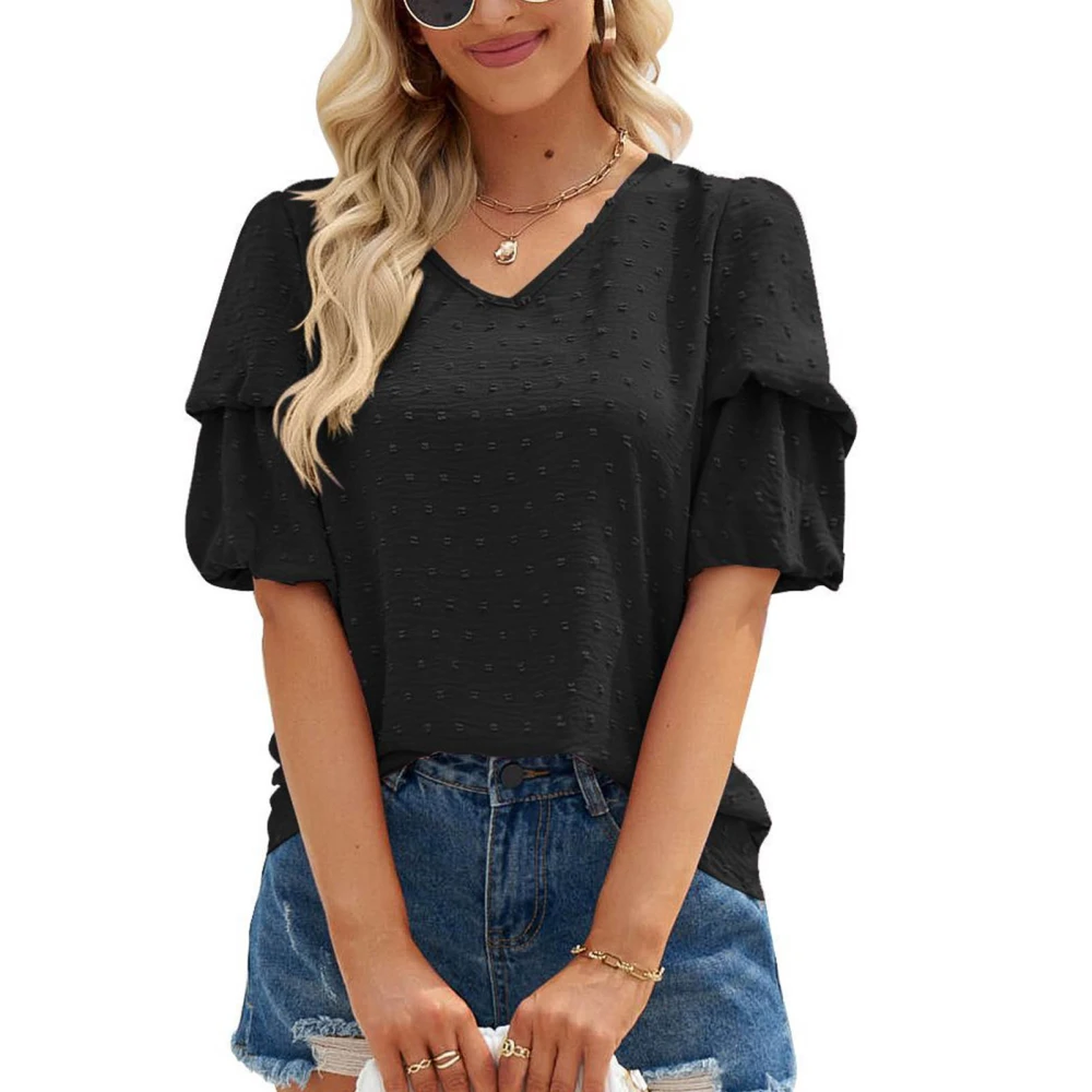 Women Summer Top Casual Jacquard Dot Lantern Tapered Short Sleeves V Neck Shirt Top Black XL