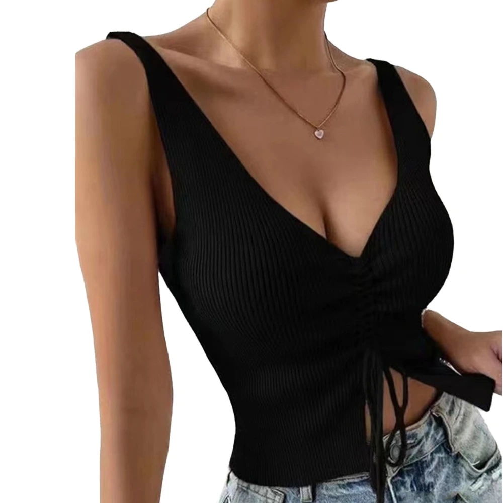 Knitted Drawstring Top Fashionable Versatile V Neck Slim Fit Women Sleeveless Top for Daily Outdoor Black S