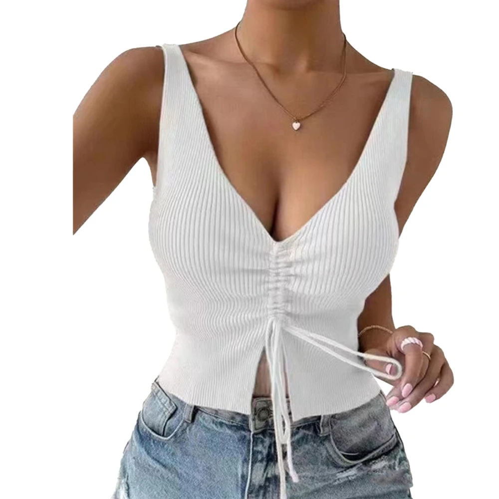 Knitted Drawstring Top Fashionable Versatile V Neck Slim Fit Women Sleeveless Top for Daily Outdoor White S