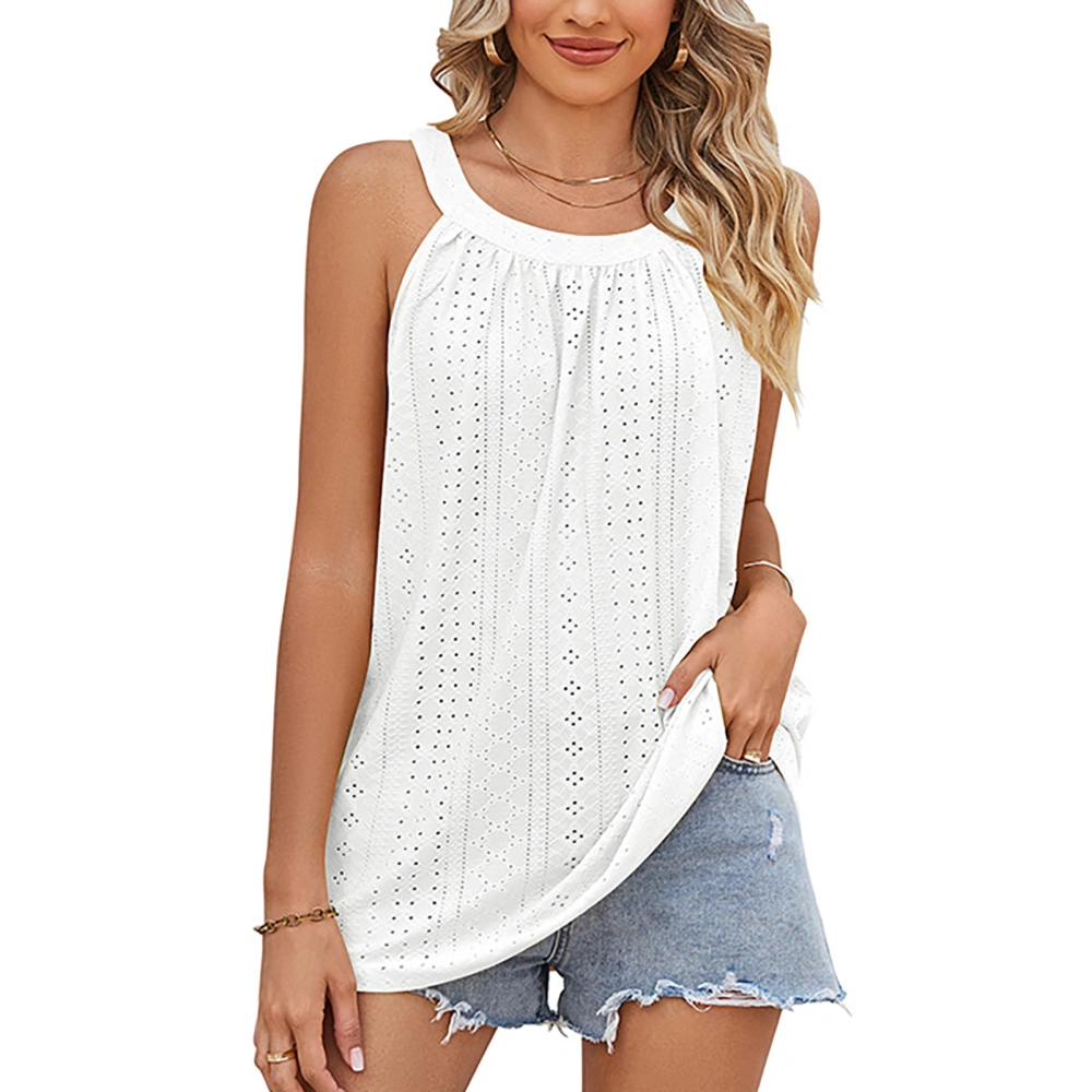 Women T Shirt Loose Casual Crew Neck Ruched Camisole Top Summer Eyelets Sleeveless Blouse White XL