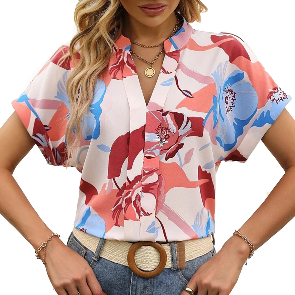 Women V Neck T Shirt Short Sleeves Loose Fitting Printed Casual Blouses for Summer Wear Pink Flower XXL