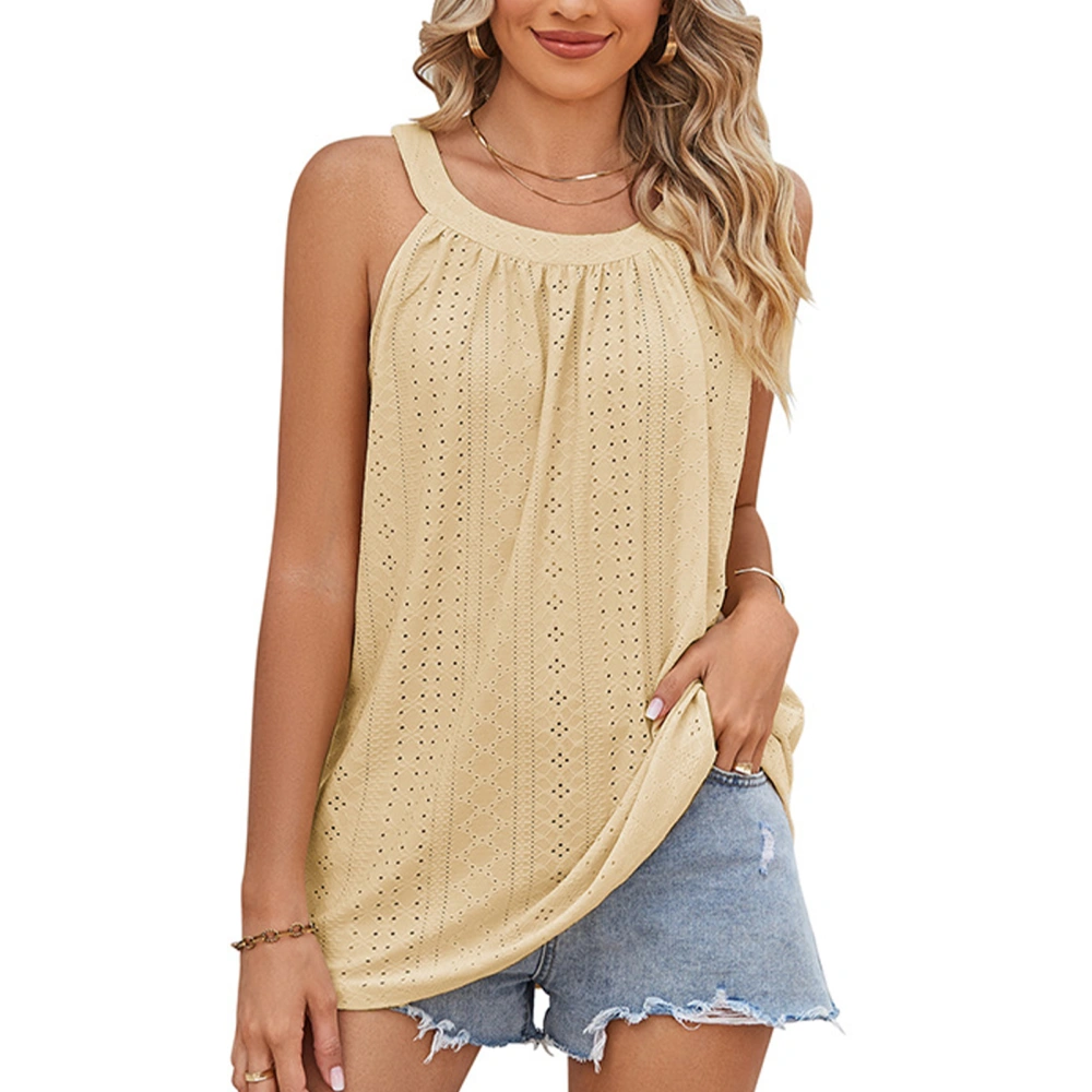 Women T Shirt Loose Casual Crew Neck Ruched Camisole Top Summer Eyelets Sleeveless Blouse Yellow M