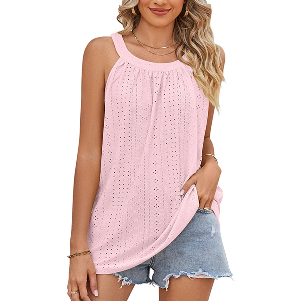 Women T Shirt Loose Casual Crew Neck Ruched Camisole Top Summer Eyelets Sleeveless Blouse Pink L