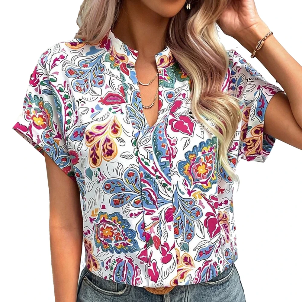 Women V Neck T Shirt Short Sleeves Loose Fitting Printed Casual Blouses for Summer Wear Blue Flower S