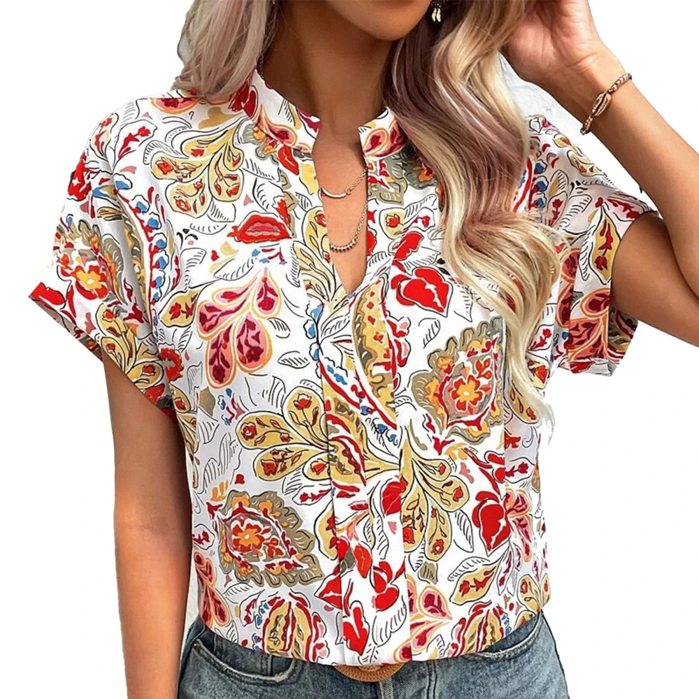 Women V Neck T Shirt Short Sleeves Loose Fitting Printed Casual Blouses for Summer Wear Yellow Flower L