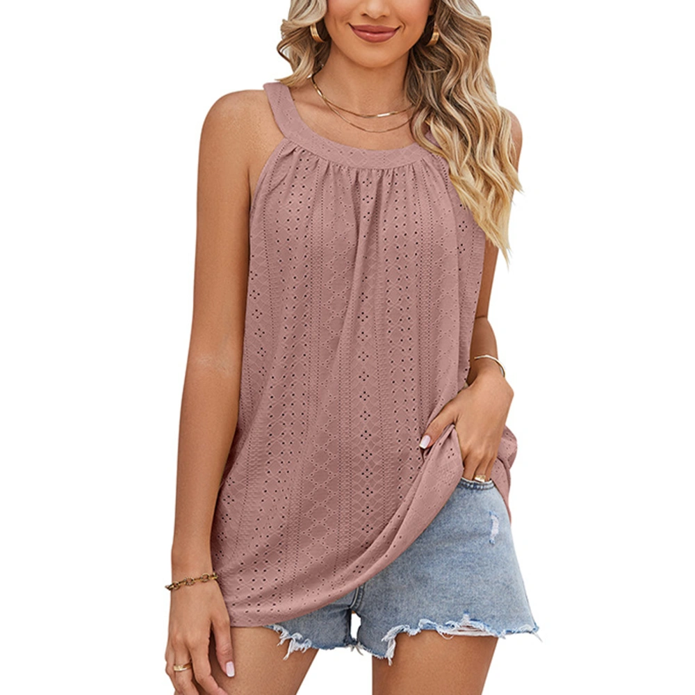 Women T Shirt Loose Casual Crew Neck Ruched Camisole Top Summer Eyelets Sleeveless Blouse Russet Red XL