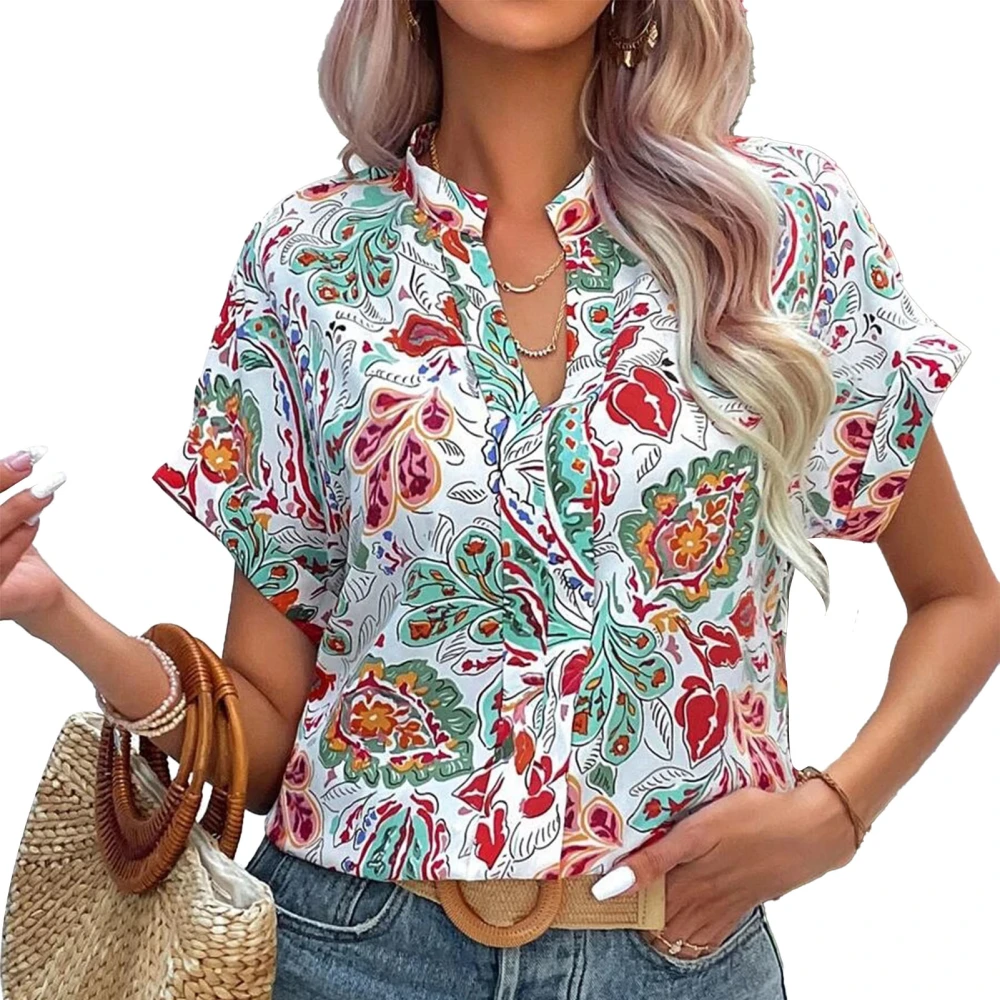 Women V Neck T Shirt Short Sleeves Loose Fitting Printed Casual Blouses for Summer Wear Green Flower S