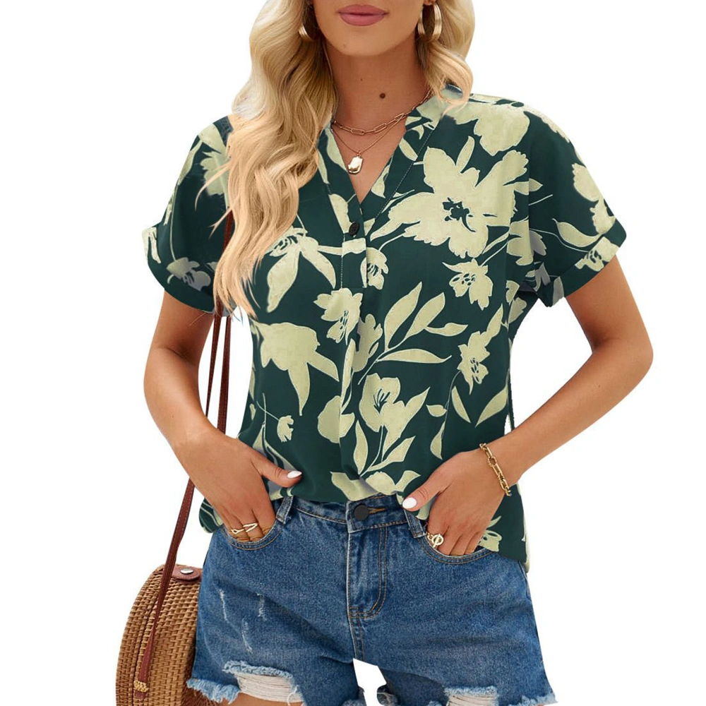 Women V Neck Top Polyester Loose Short Sleeve Flower Printed Fashionable Summer Blouse for Shopping Dating Green S