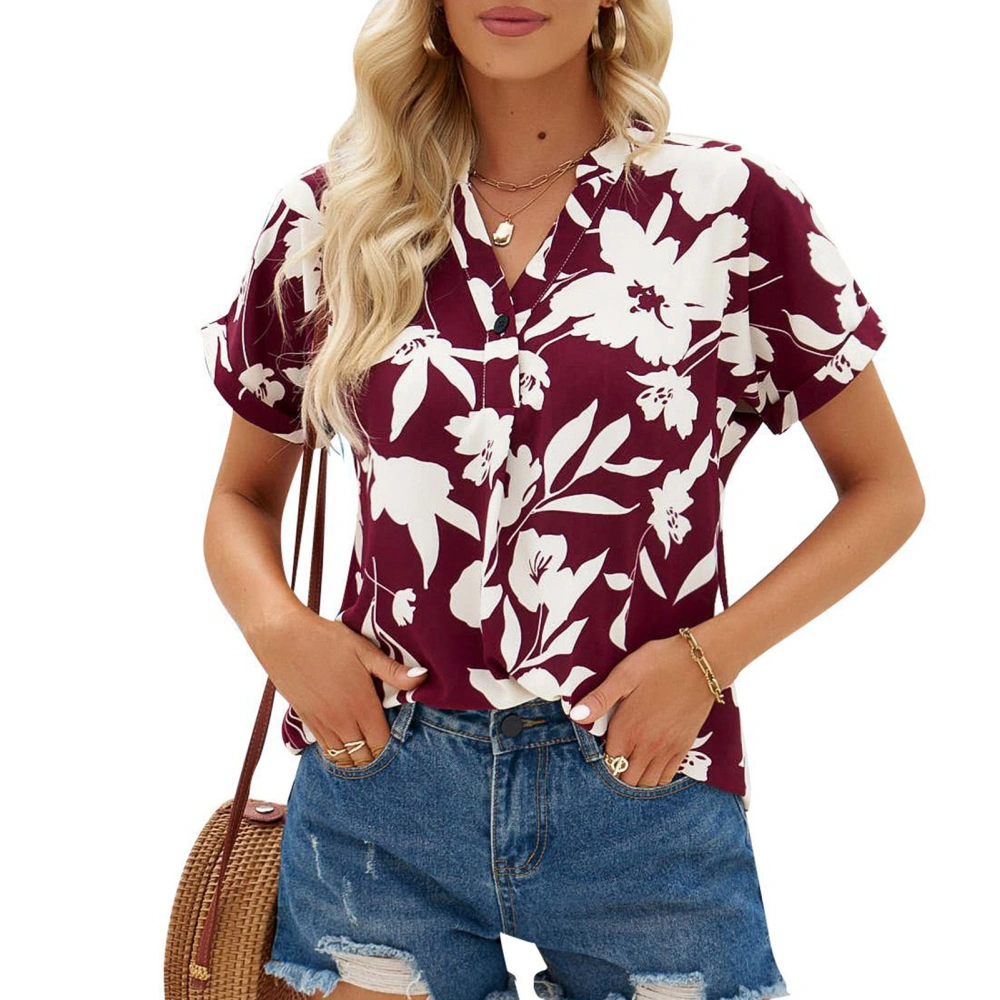 Women V Neck Top Polyester Loose Short Sleeve Flower Printed Fashionable Summer Blouse for Shopping Dating Wine Red L