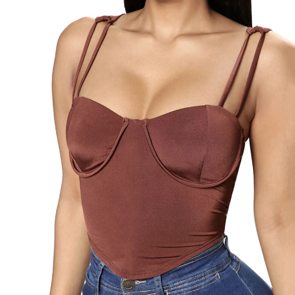 Women Tube Top Sleeveless Curved Hem Double Strap Push Up Slim Fit Camisole Top for Summer Brown M