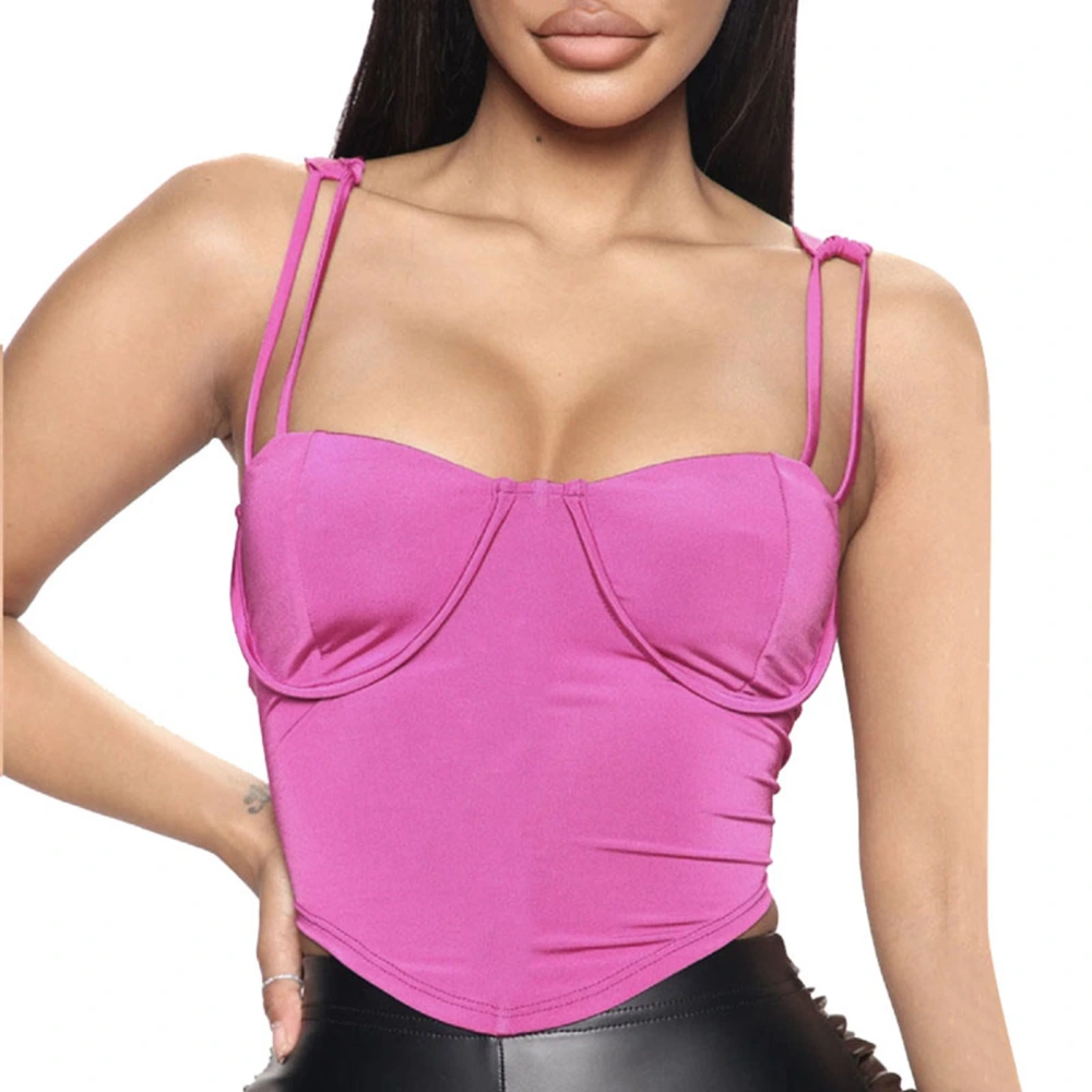 Women Tube Top Sleeveless Curved Hem Double Strap Push Up Slim Fit Camisole Top for Summer Rosy M