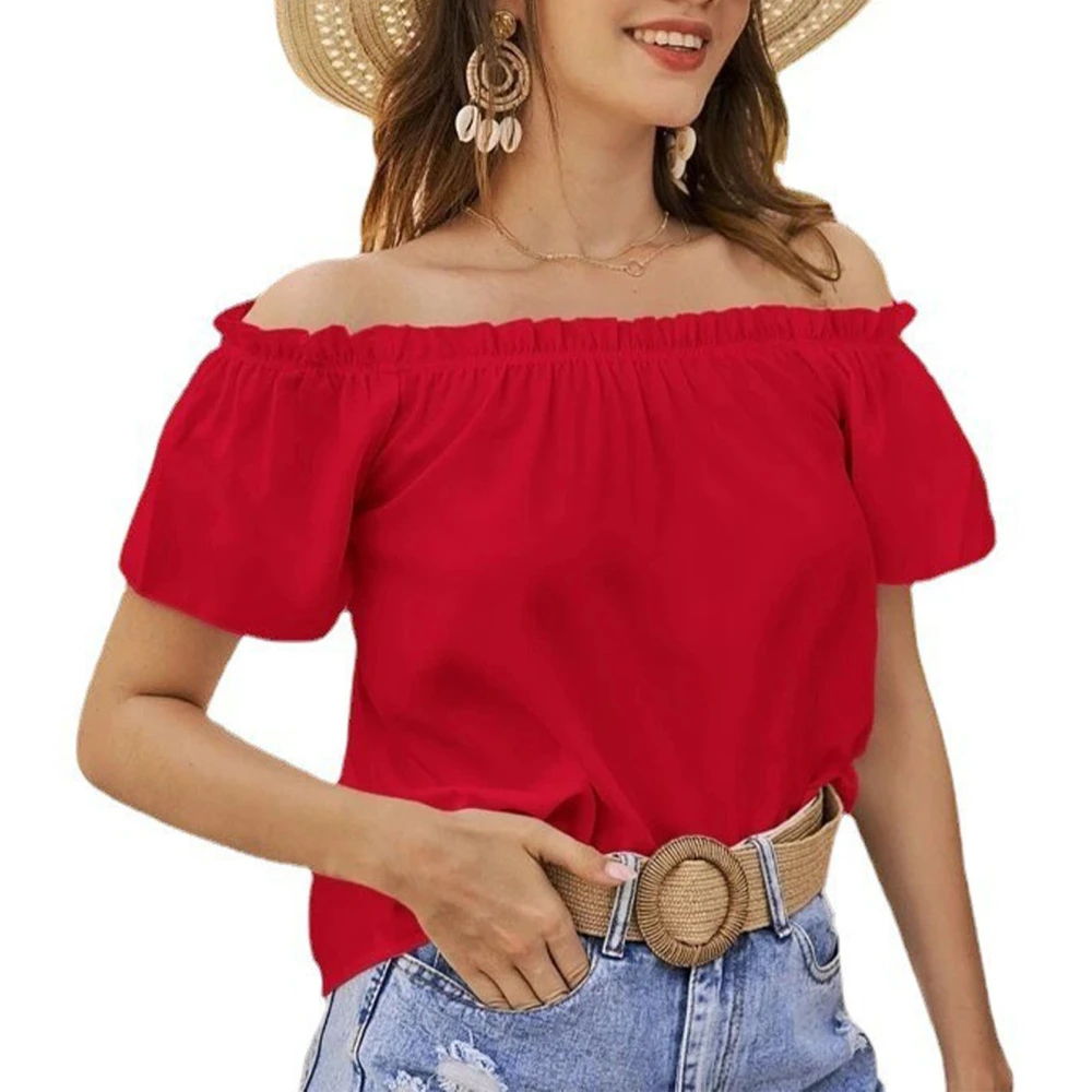 Women Short Sleeve Top Ruffle Hem Frill Trim Blouse Summer Pure Color Off Shoulder Shirt Red S