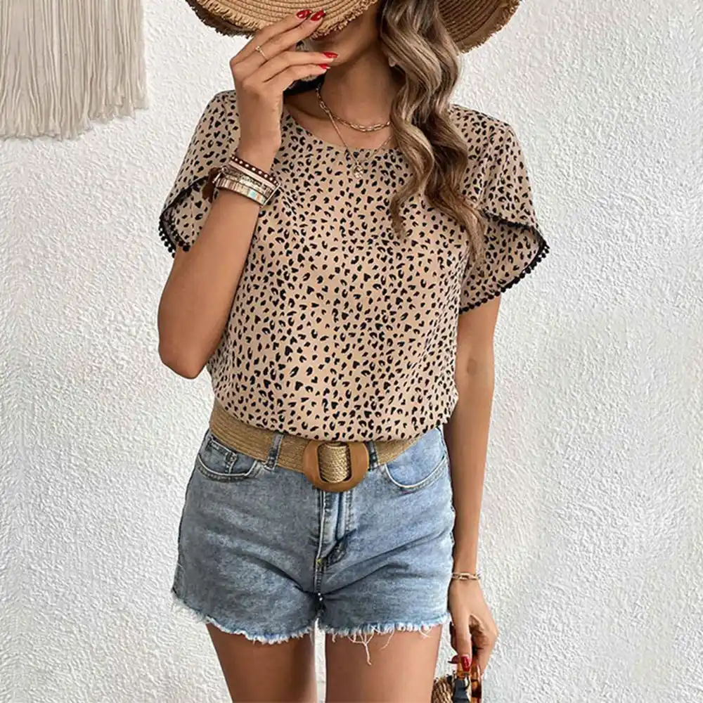 Women Round Neck T Shirt Leopard Print Short Petal Sleeves Loose Fitting Summer Casual Blouses Apricot M