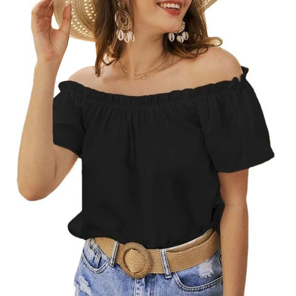 Women Short Sleeve Top Ruffle Hem Frill Trim Blouse Summer Pure Color Off Shoulder Shirt Black XXL