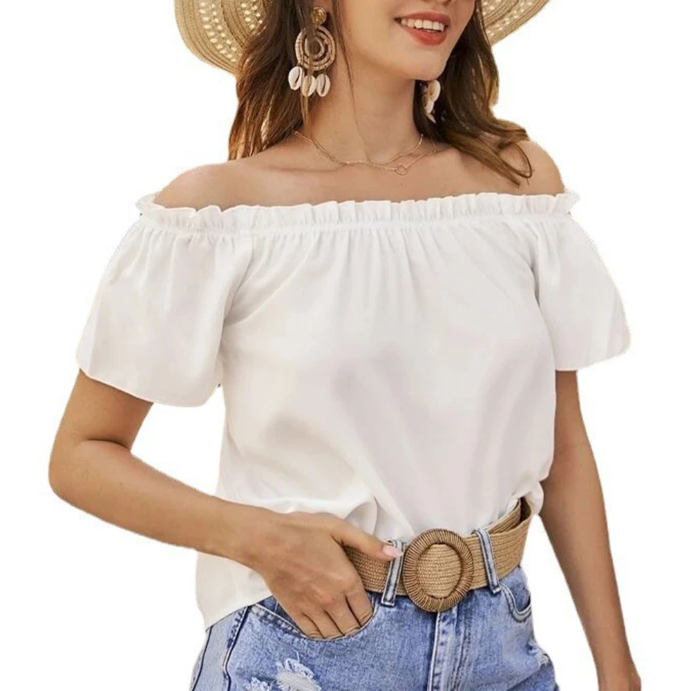 Women Short Sleeve Top Ruffle Hem Frill Trim Blouse Summer Pure Color Off Shoulder Shirt White S