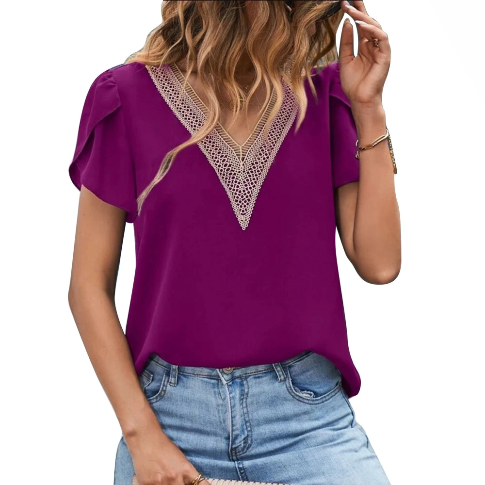 Women Summer Top Casual Petal Sleeve Short Sleeve V Neck Lace Splicing Neck Shirt Top Fuchsia S