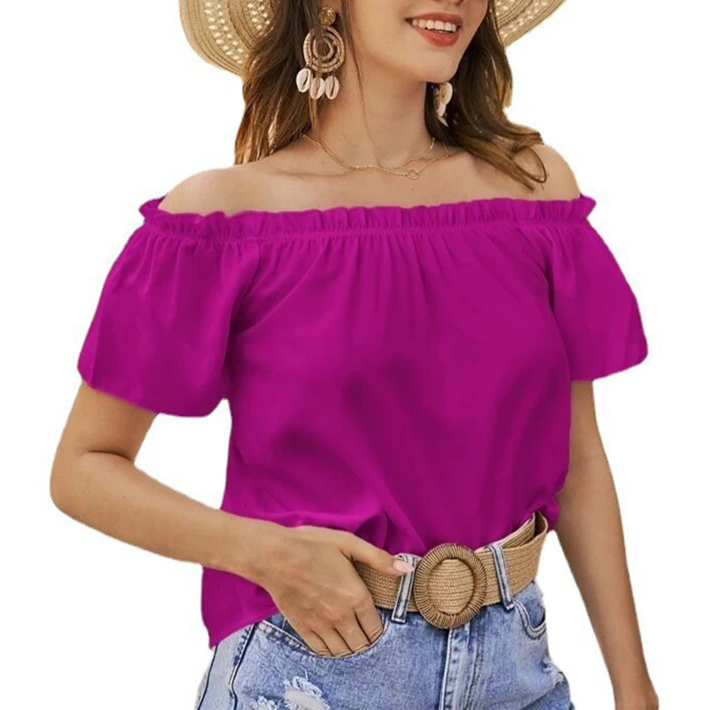 Women Short Sleeve Top Ruffle Hem Frill Trim Blouse Summer Pure Color Off Shoulder Shirt Purple XXL