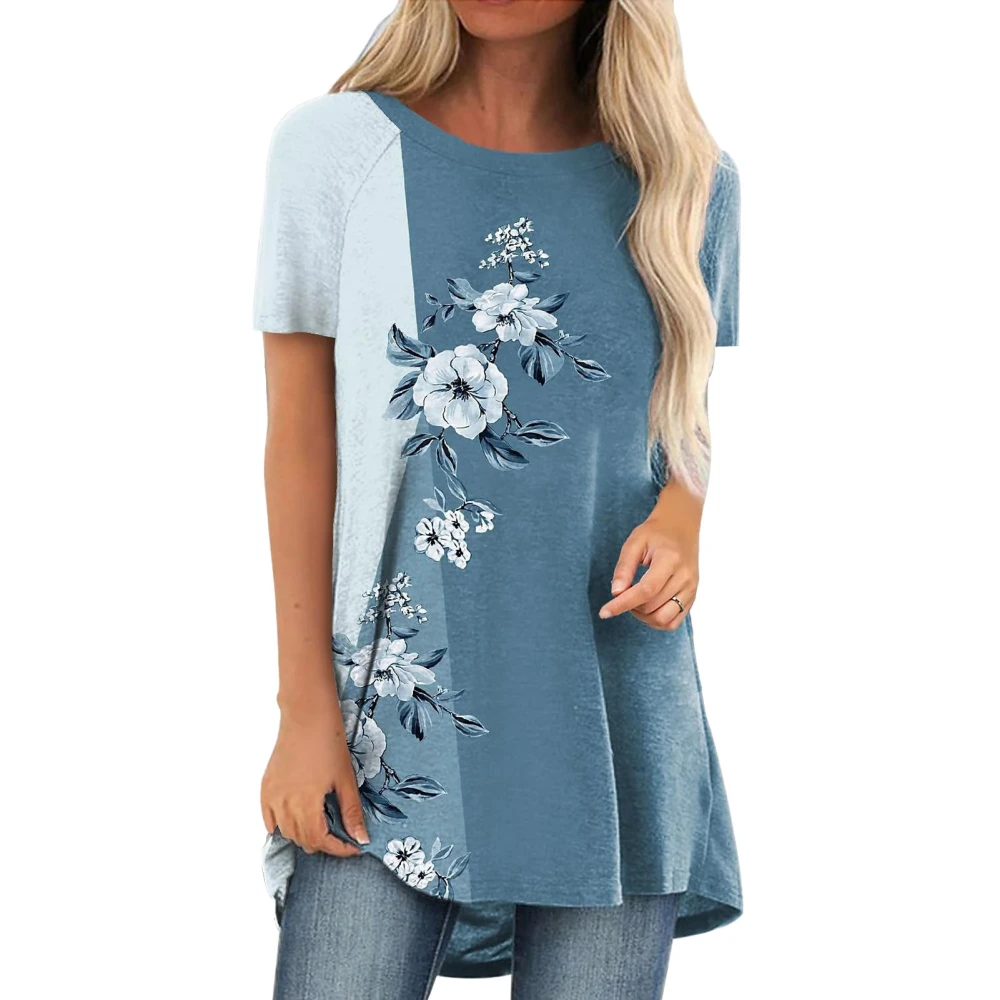 Women T Shirt Loose Fit Round Neck Flower Print Casual Elegant Lady Short Sleeve Top for Summer Blue S