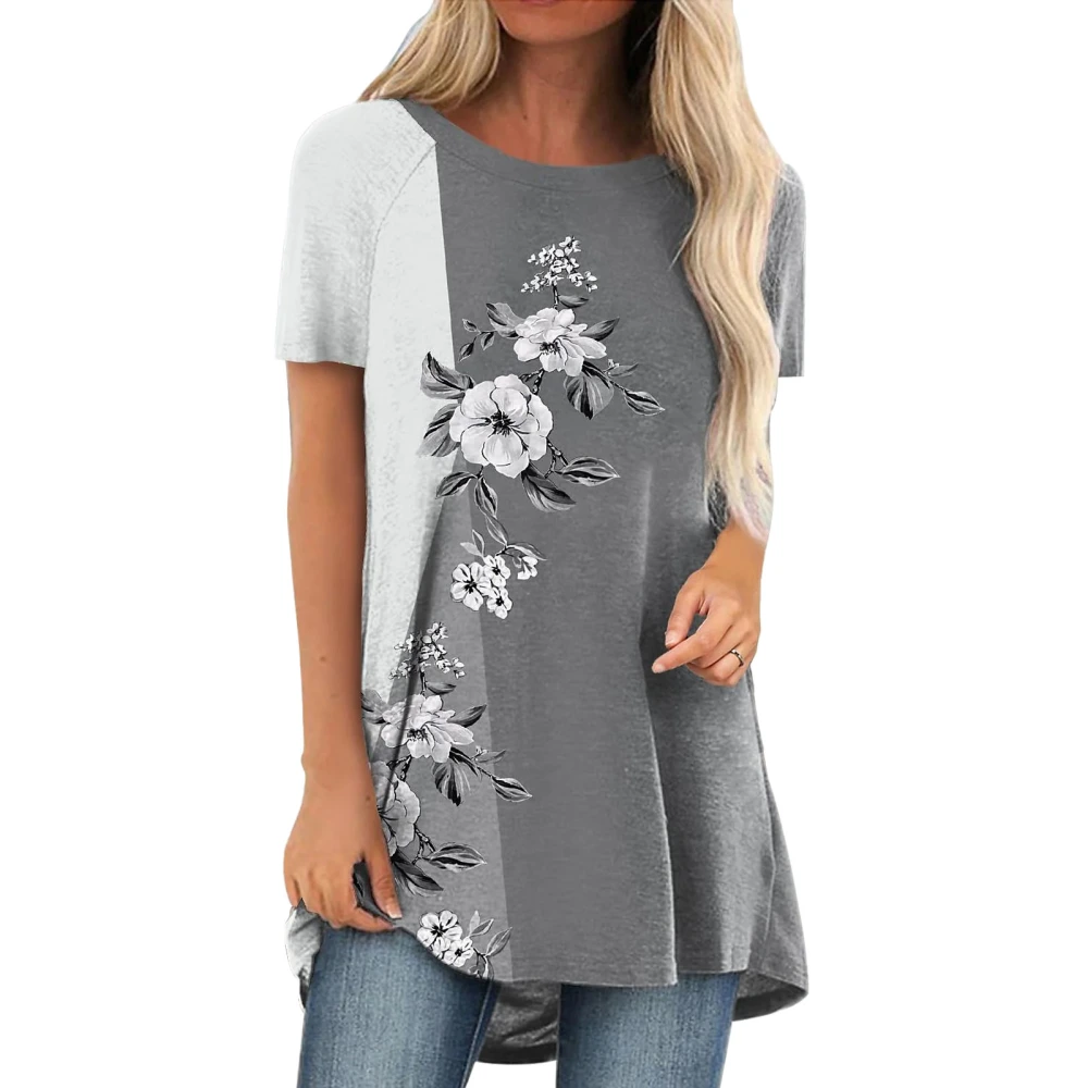 Women T Shirt Loose Fit Round Neck Flower Print Casual Elegant Lady Short Sleeve Top for Summer Gray L