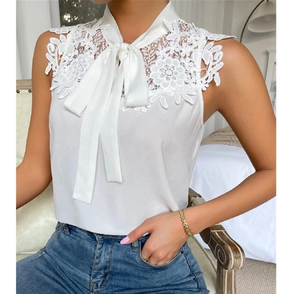 Women Floral Lace Blouse Crochet Tank Top Tie Front Pure Color Elegant Casual Sleeveless Top White XXL