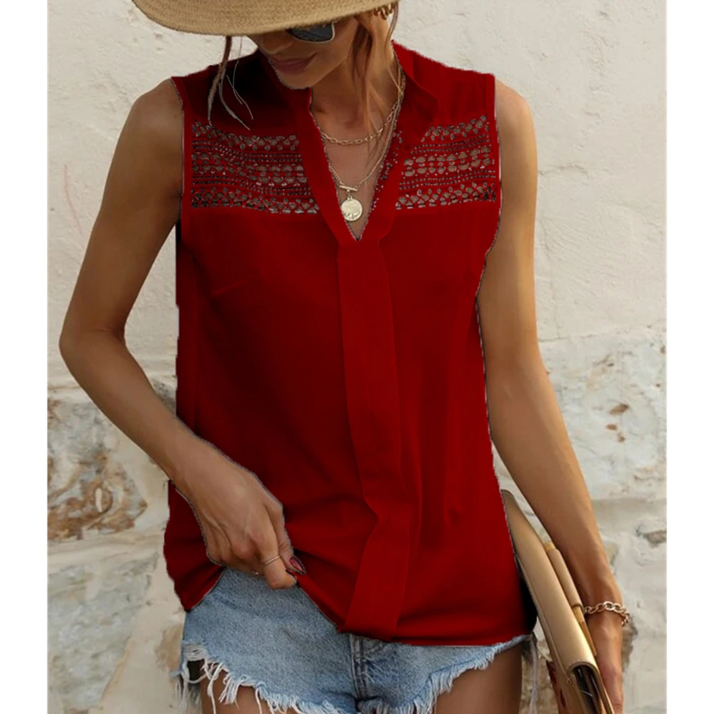 Women Summer Top Wine Red V Neck Sleeveless Lace Cut Out Blouse for Women Ladies Wine Red M