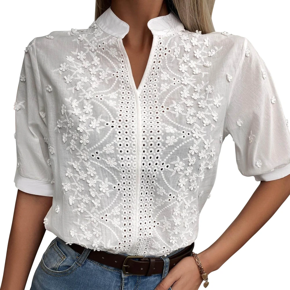 Short Sleeve V Neck Top Women Elegant Plain Color Lace Floral Embroidery Shirt Blouse for Shopping White S