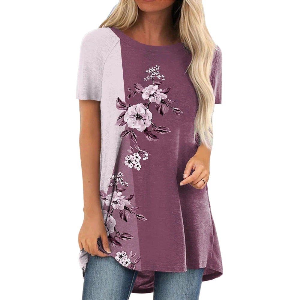 Women T Shirt Loose Fit Round Neck Flower Print Casual Elegant Lady Short Sleeve Top for Summer Brick Red L