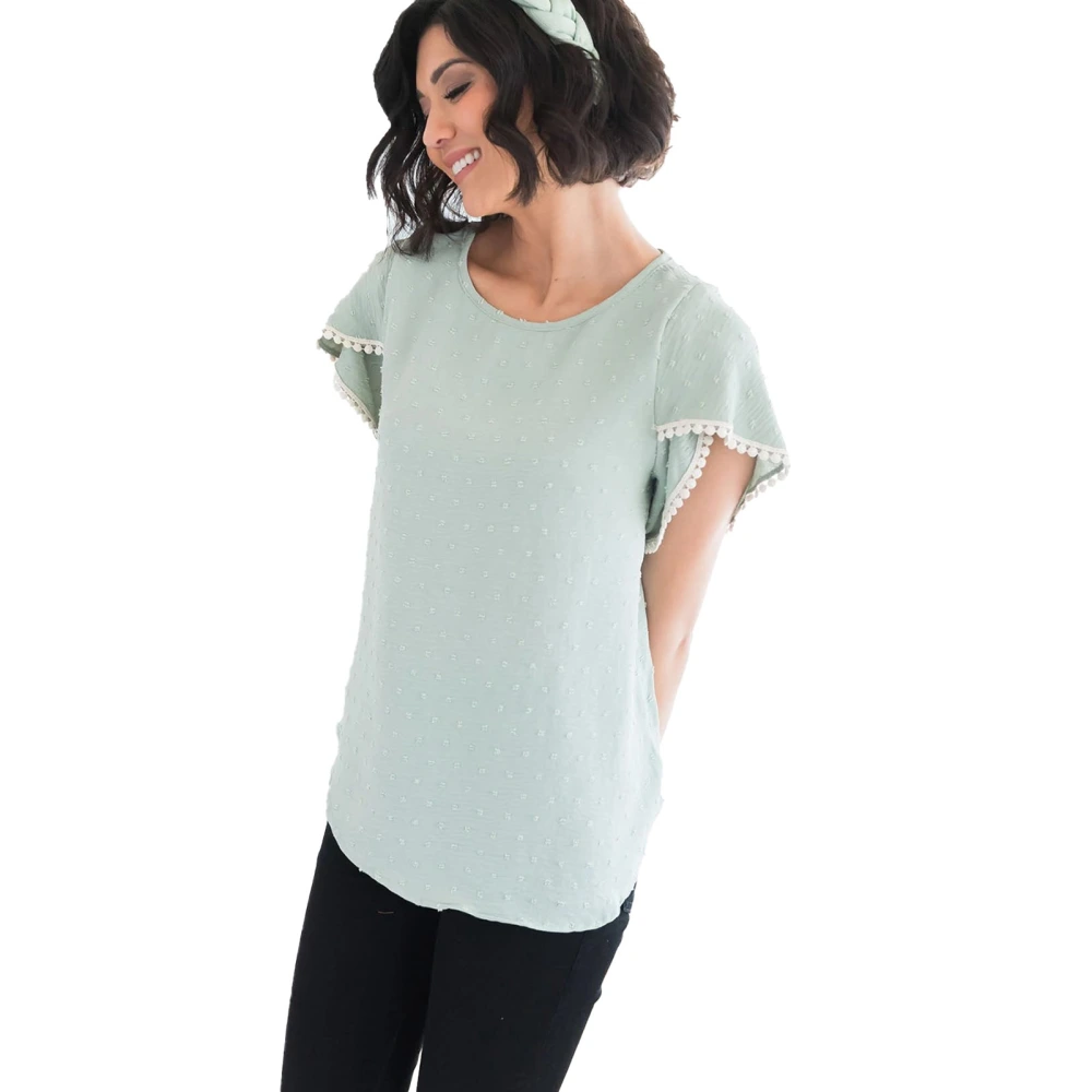 Women Petal Sleeve Top Crew Neck Jacquard Dot Pure Color Loose Fitting Summer Casual T Shirt Green S