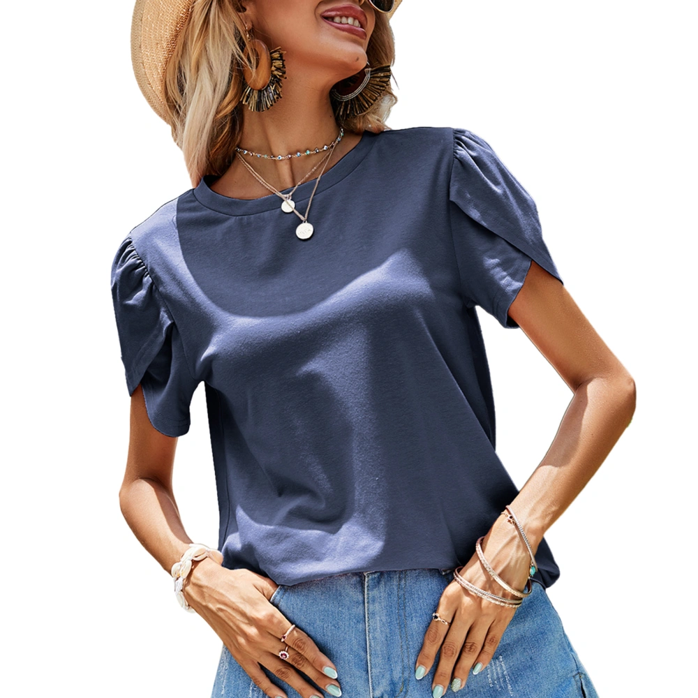 Women Round Neck T Shirt Short Petal Sleeves Loose Fitting Pure Color Summer Casual Blouses Dark Blue M