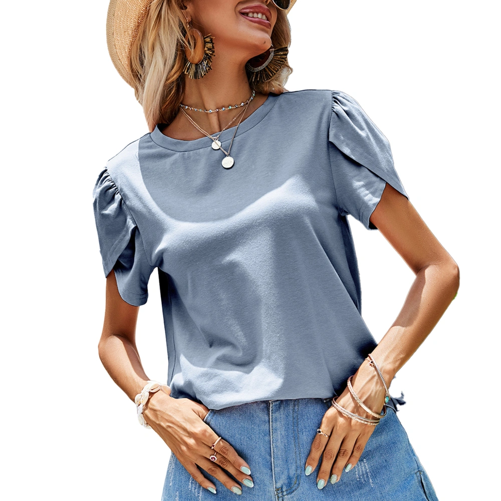 Women Round Neck T Shirt Short Petal Sleeves Loose Fitting Pure Color Summer Casual Blouses Grayish Blue XL