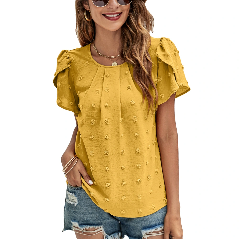 Petal Sleeve Jacquard Blouse Short Sleeved Round Neck Plain Color Petal Sleeve Blouse Top Yellow L