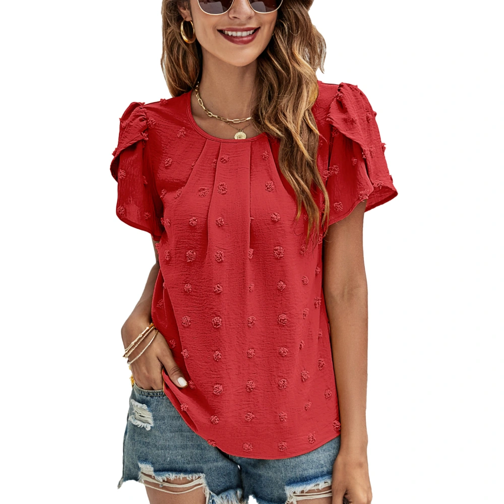 Petal Sleeve Jacquard Blouse Short Sleeved Round Neck Plain Color Petal Sleeve Blouse Top Red S