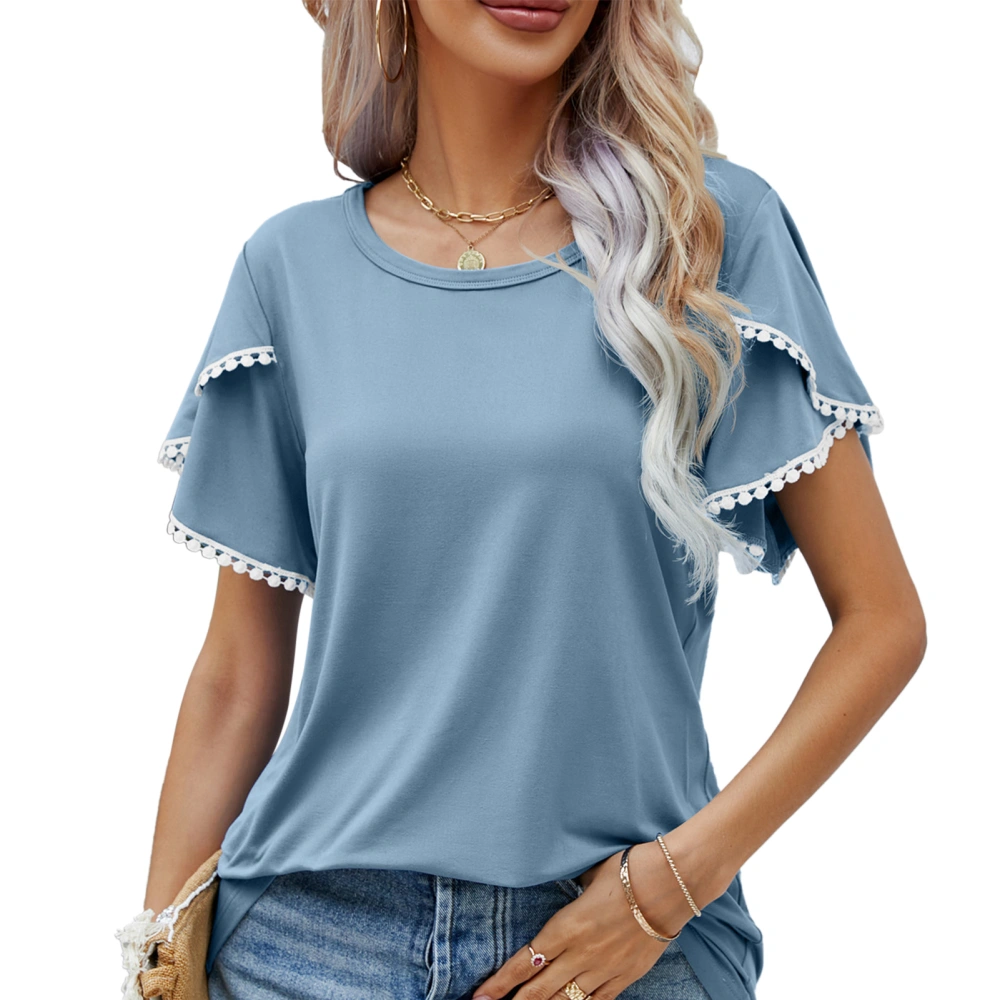 Lace Trim Petal Sleeve Top Women Casual Stylish Elegant Plain Color Crewneck Shirt Blouse for Beach Party Grayish Blue S