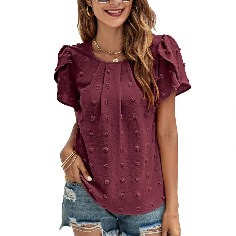 Petal Sleeve Jacquard Blouse Short Sleeved Round Neck Plain Color Petal Sleeve Blouse Top Burgundy S