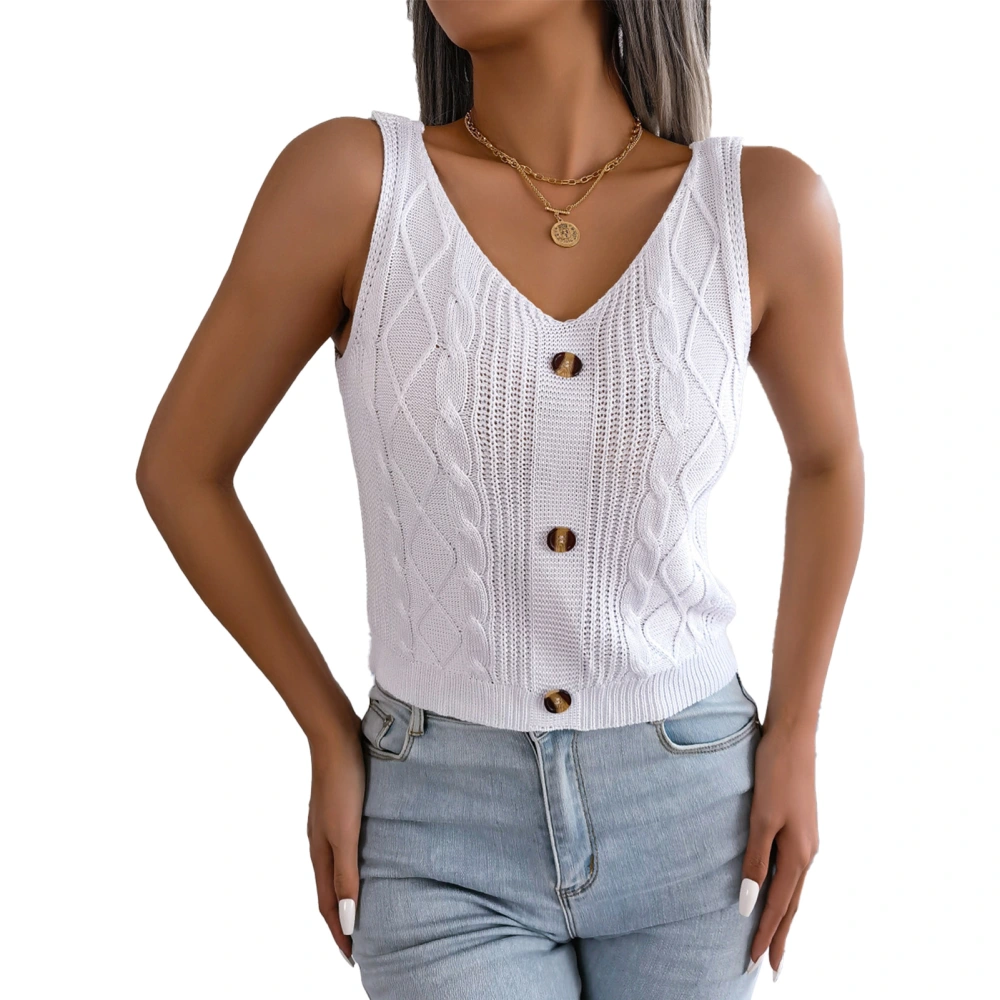 Women Sleeveless Top V Neck Button Design Casual Comfortable Knitted Tank Top for School Dating Daily White M