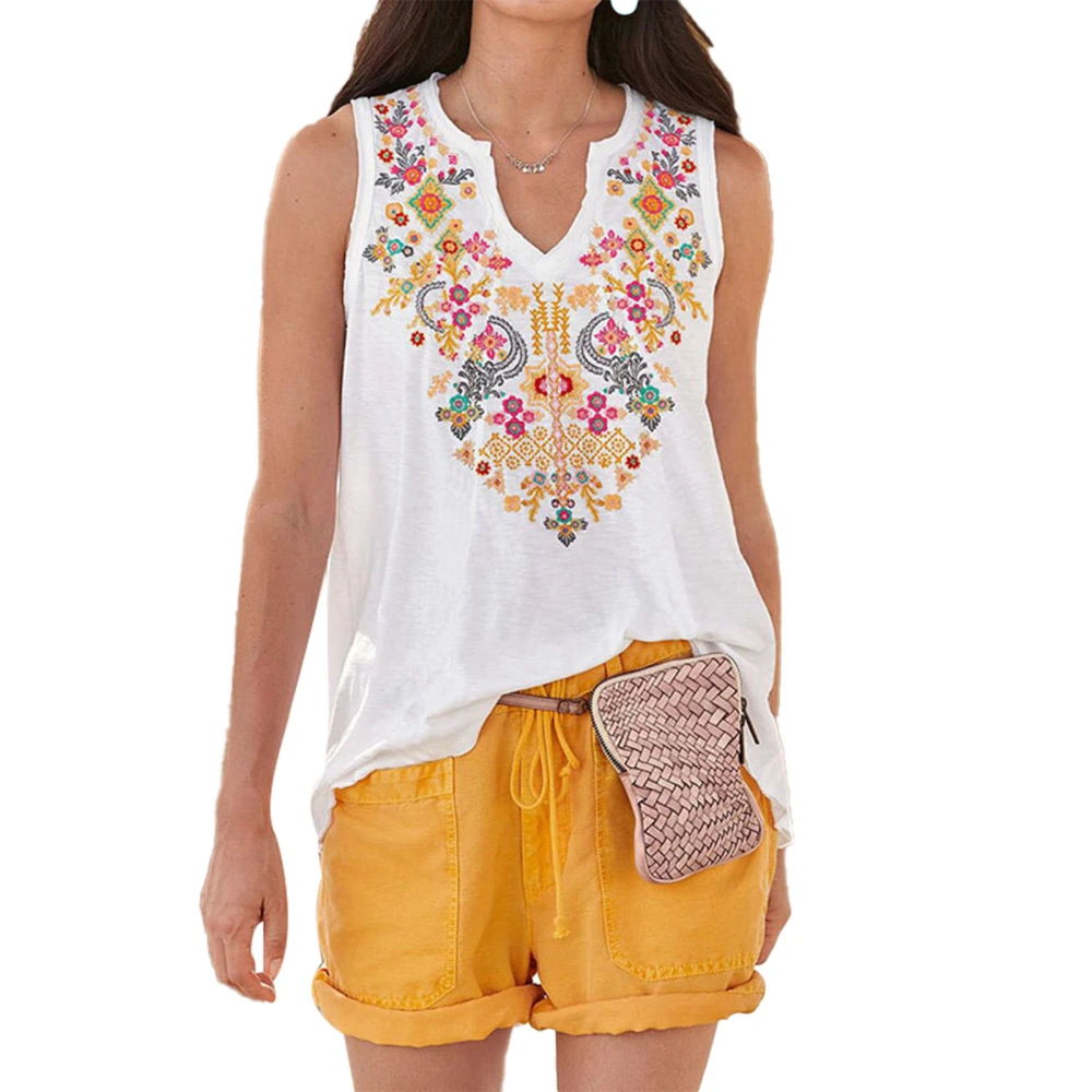 Ethnic Print Blouse Top Sleeveless V Neckline Ethnic Printed Blouse for Summer Dating Women White XXL