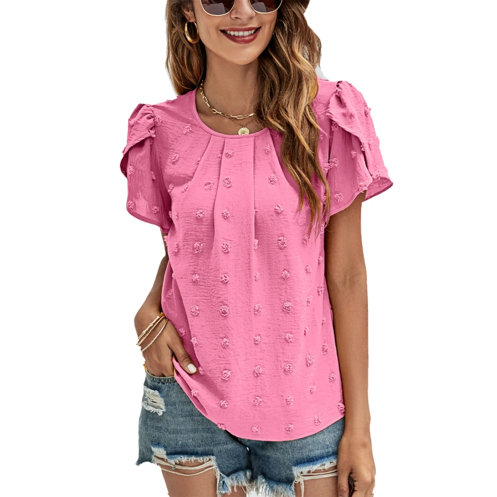 Women Round Neck Top Pleated Neckline Short Petal Sleeves Jacquard Fabric Casual Summer T Shirt Rose Red S