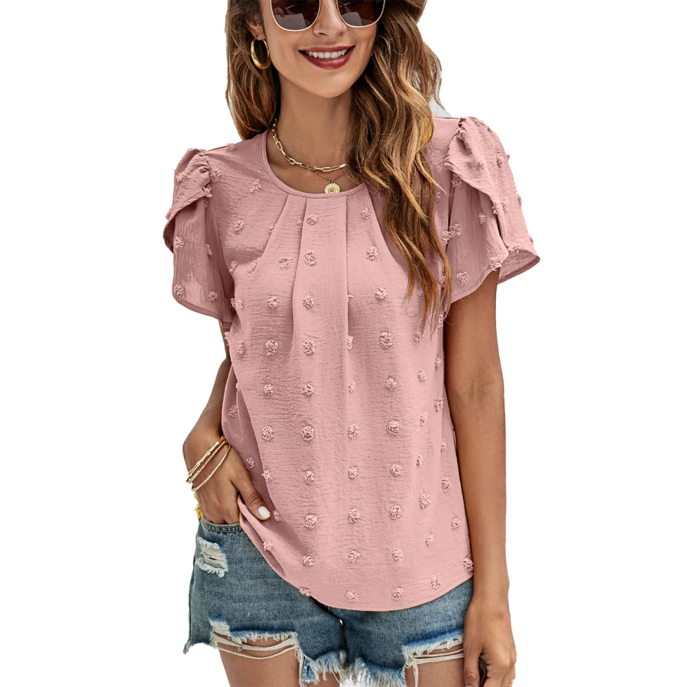 Women Round Neck Top Pleated Neckline Short Petal Sleeves Jacquard Fabric Casual Summer T Shirt Dark Pink L