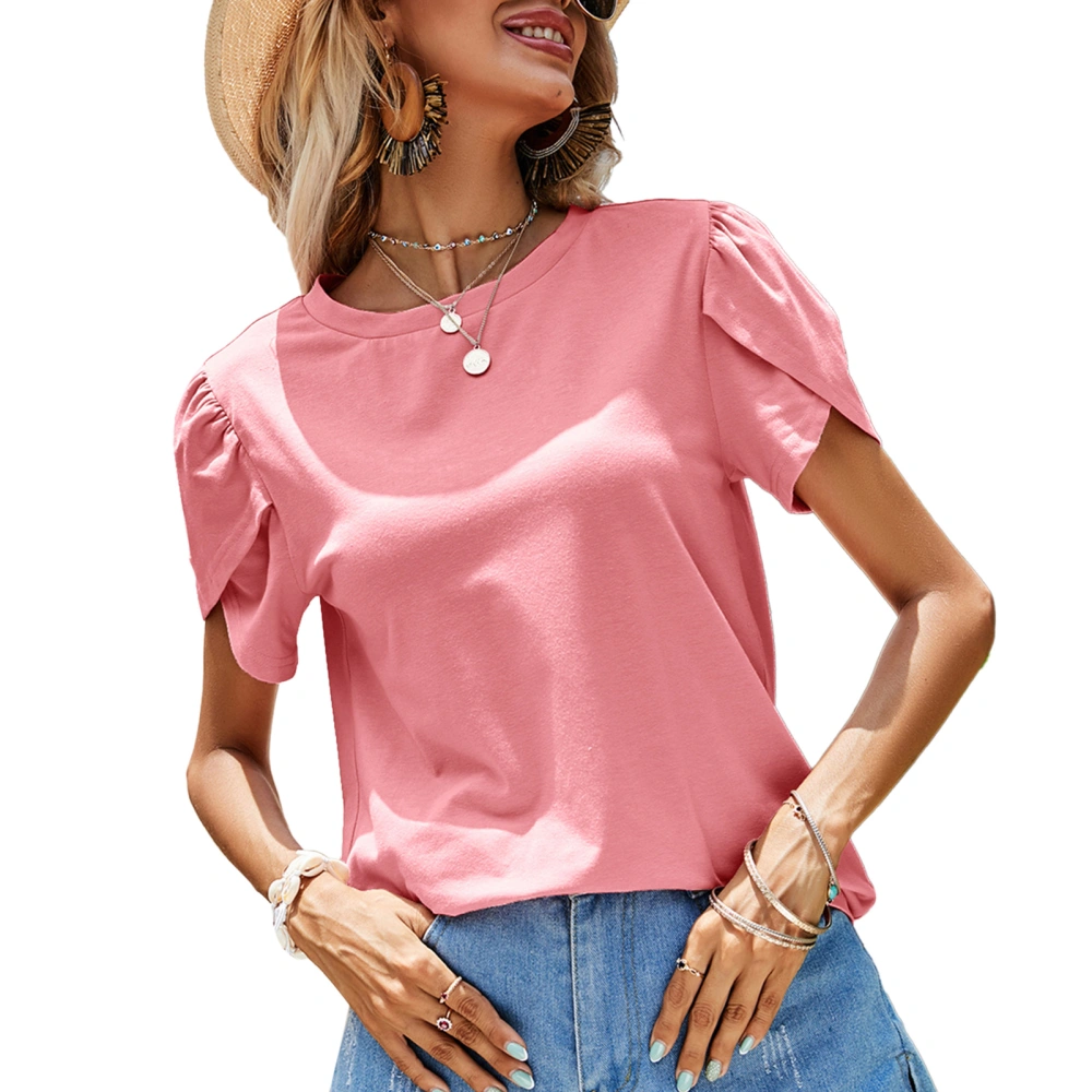 Women Round Neck T Shirt Short Petal Sleeves Loose Fitting Pure Color Summer Casual Blouses Pink L