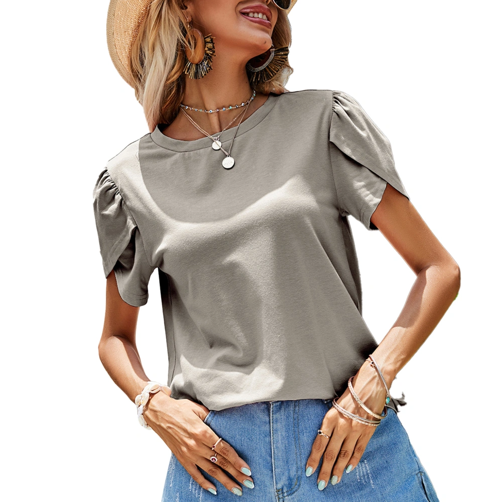 Women Round Neck T Shirt Short Petal Sleeves Loose Fitting Pure Color Summer Casual Blouses Dust Grey L