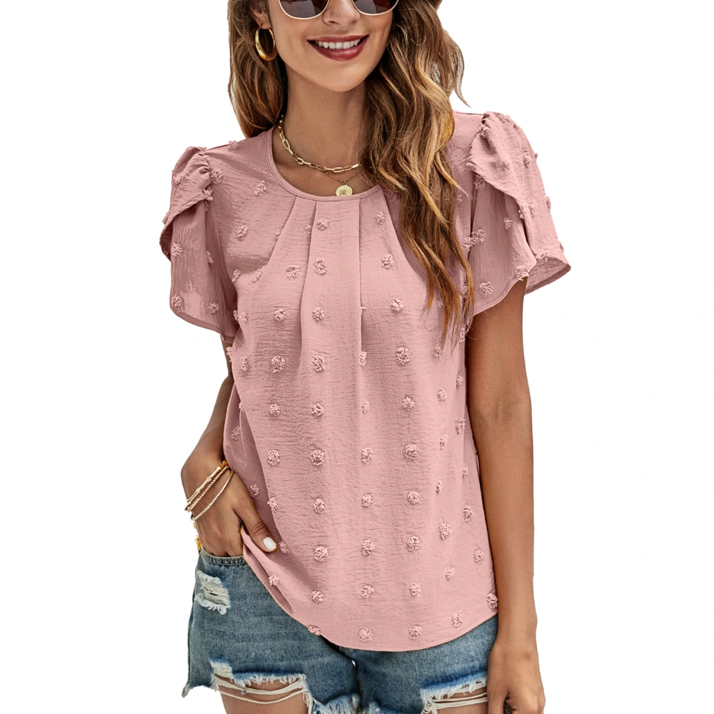 Petal Sleeve Jacquard Blouse Short Sleeved Round Neck Plain Color Petal Sleeve Blouse Top Deep Pink L