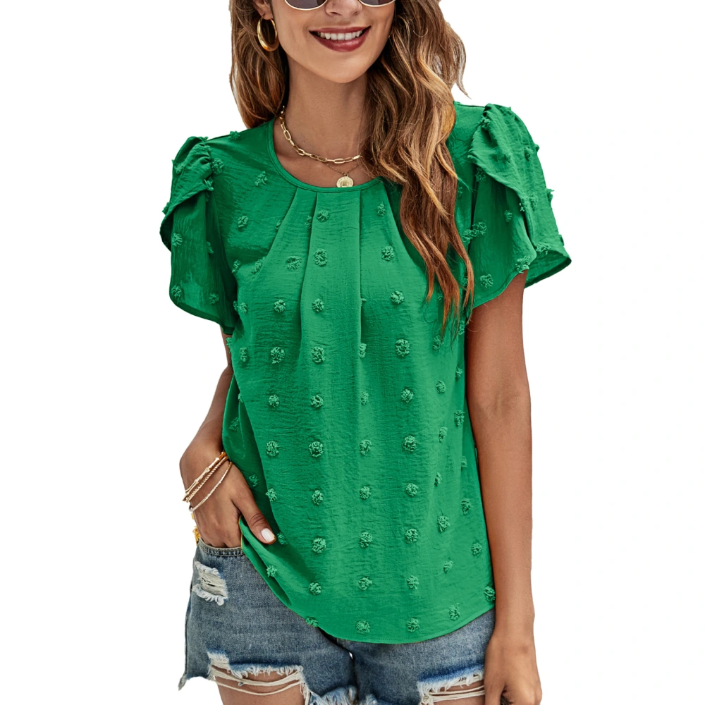 Petal Sleeve Jacquard Blouse Short Sleeved Round Neck Plain Color Petal Sleeve Blouse Top Green L