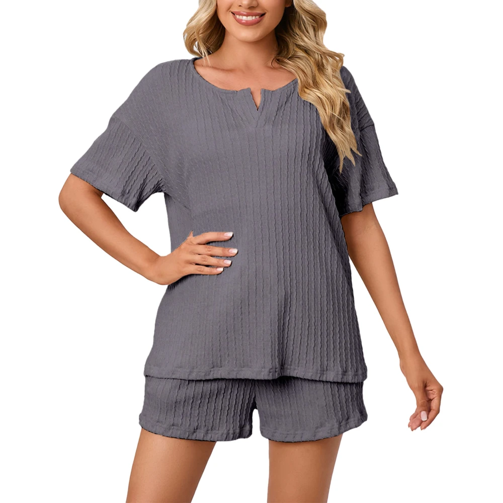 2 Pieces Women Short Sleeved Pajamas Set V Neckline Plain Color Shorts Sleepwear Kit for Night Dark Gray L