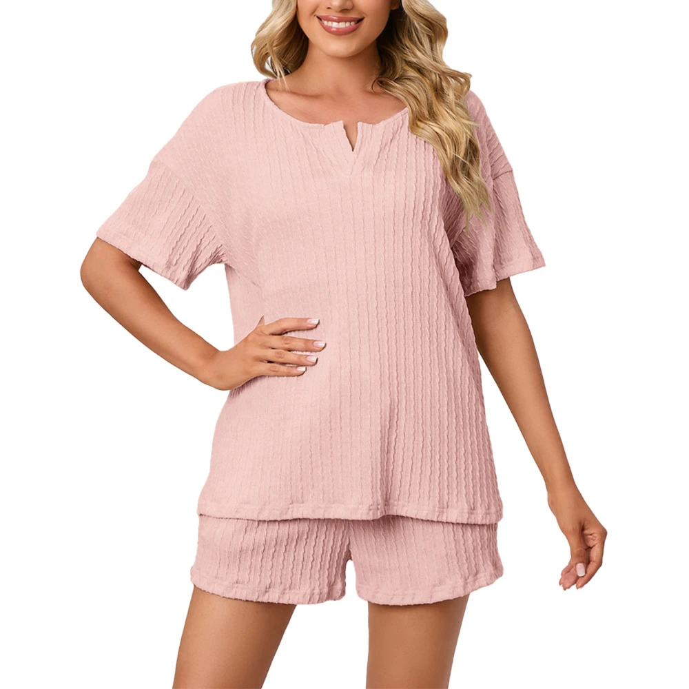 2 Pieces Women Short Sleeved Pajamas Set V Neckline Plain Color Shorts Sleepwear Kit for Night Pink M