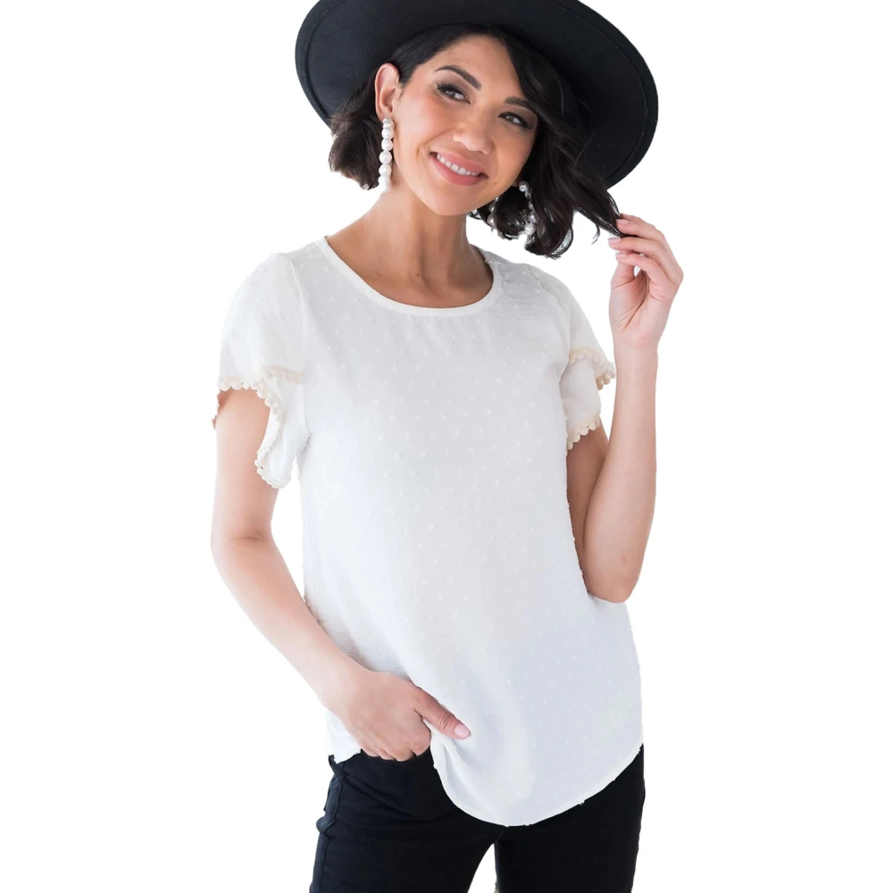 Women Petal Sleeve Top Crew Neck Jacquard Dot Pure Color Loose Fitting Summer Casual T Shirt White S