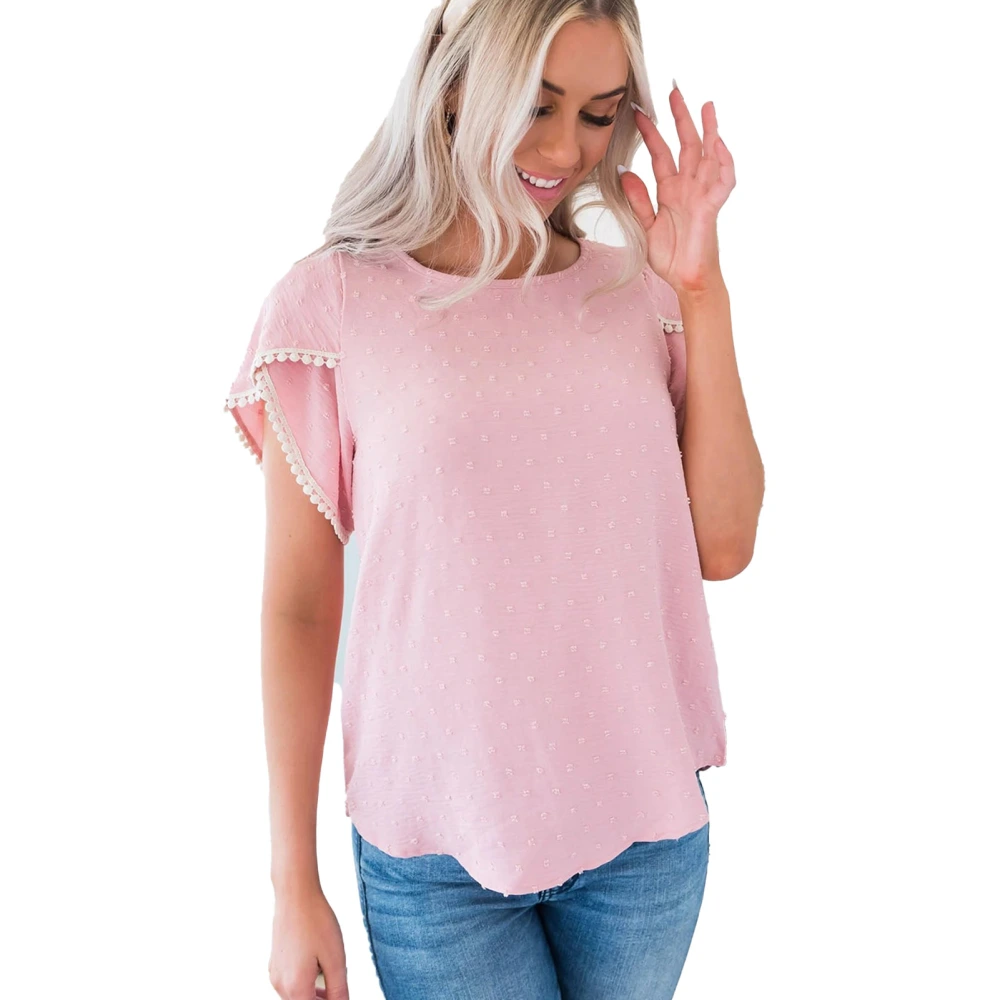 Women Petal Sleeve Top Crew Neck Jacquard Dot Pure Color Loose Fitting Summer Casual T Shirt Pink XL