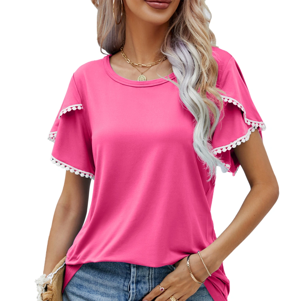 Lace Trim Petal Sleeve Top Women Casual Stylish Elegant Plain Color Crewneck Shirt Blouse for Beach Party Rose Red XL