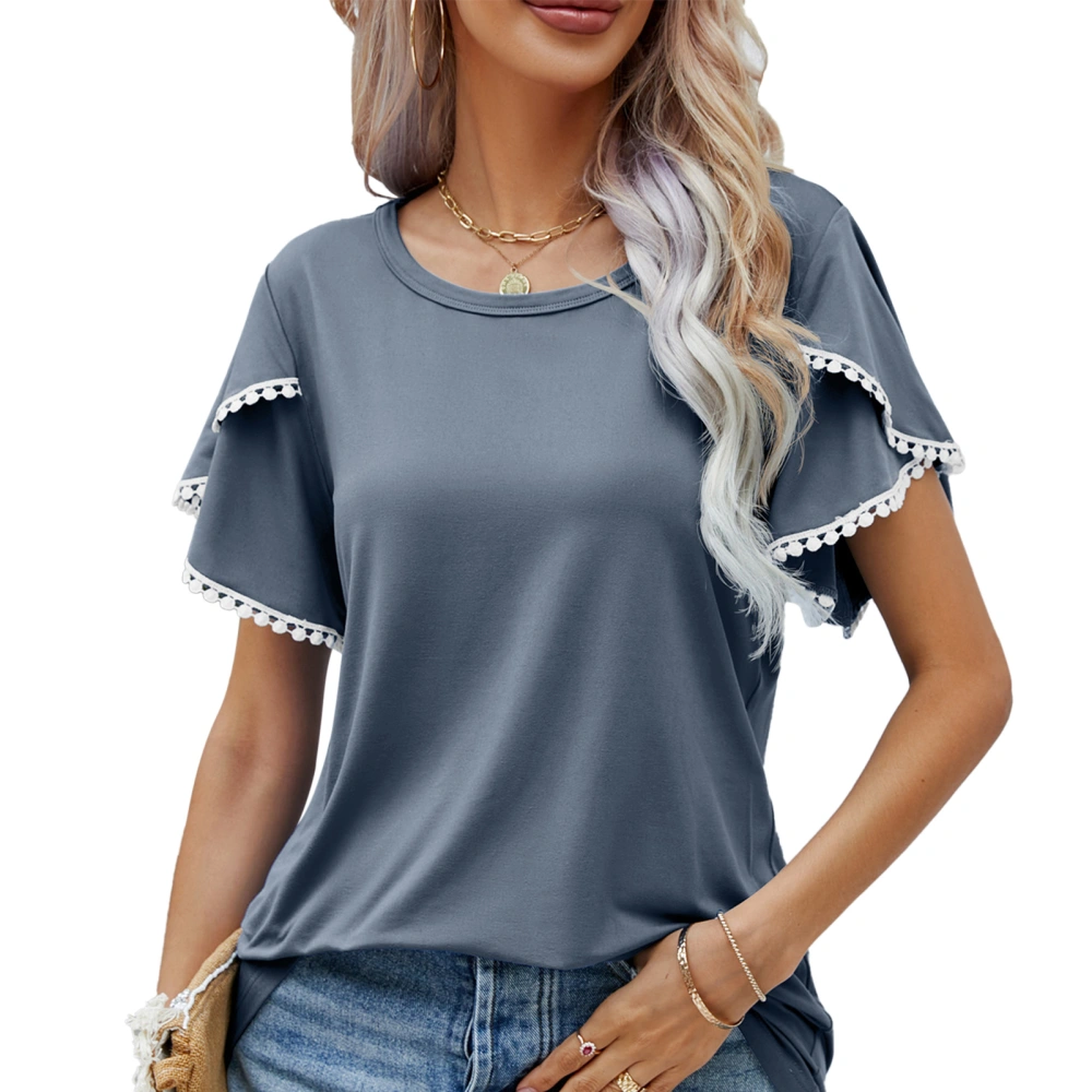 Lace Trim Petal Sleeve Top Women Casual Stylish Elegant Plain Color Crewneck Shirt Blouse for Beach Party Dark Gray L