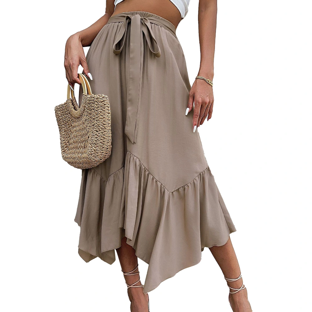 Women Half Length Skirt Irregular Ruffle Hem Elastic Waist Tie Skirt for Outdoor Shopping Leisure Party Khaki L